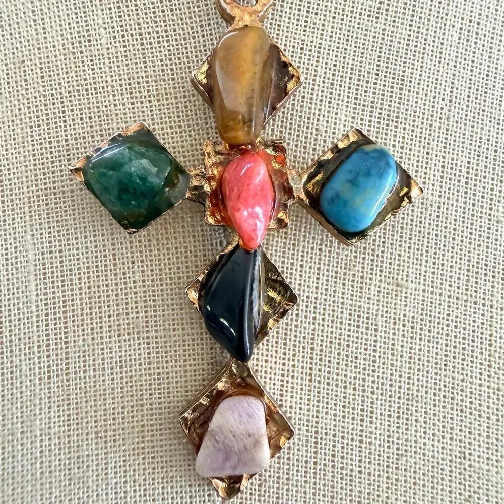 Vintage Gold Tone Cross Necklace with Multicolor Stone Inlay